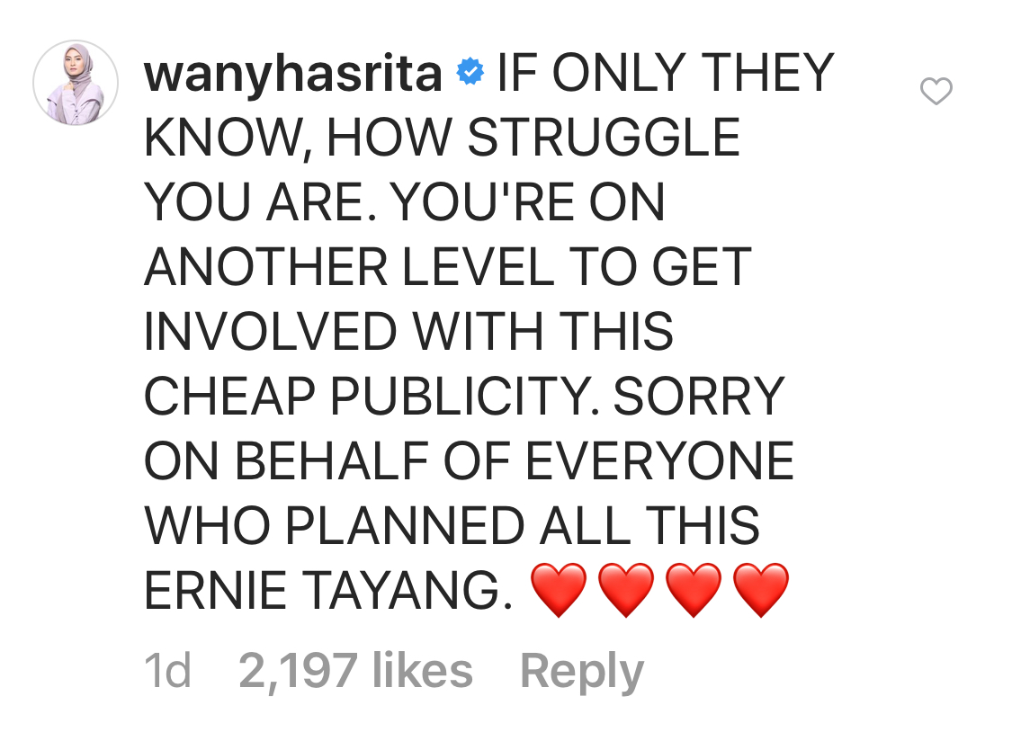 Instagram @erniezakri Luahan rasa Wany di ruang komen Ernie.
