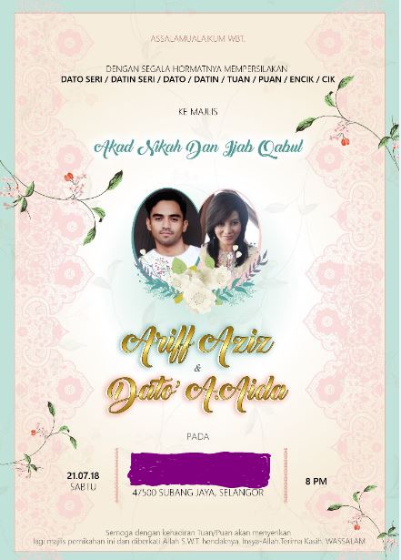 Jemputan perkahwinan A Aida & Wan Ariff sudah mula diedarkan