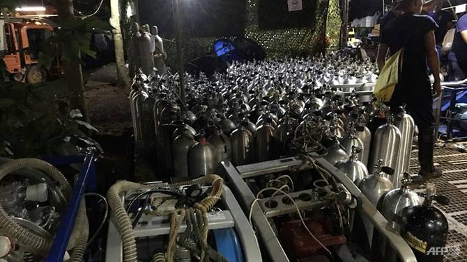 Oxygen tanks prepared for rescue divers.