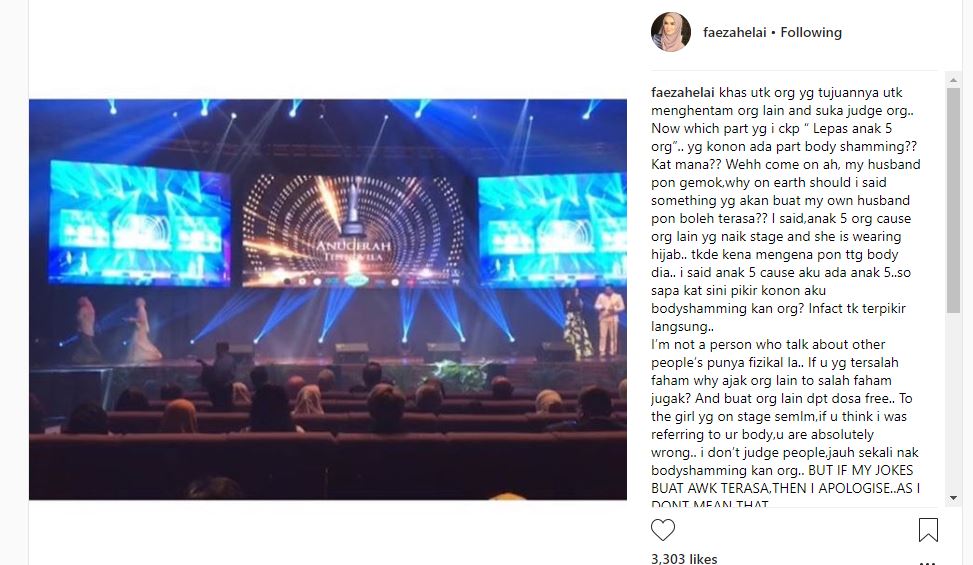 Instagram @faezahelai Kenyataan Faezah berhubung isu body shamming.