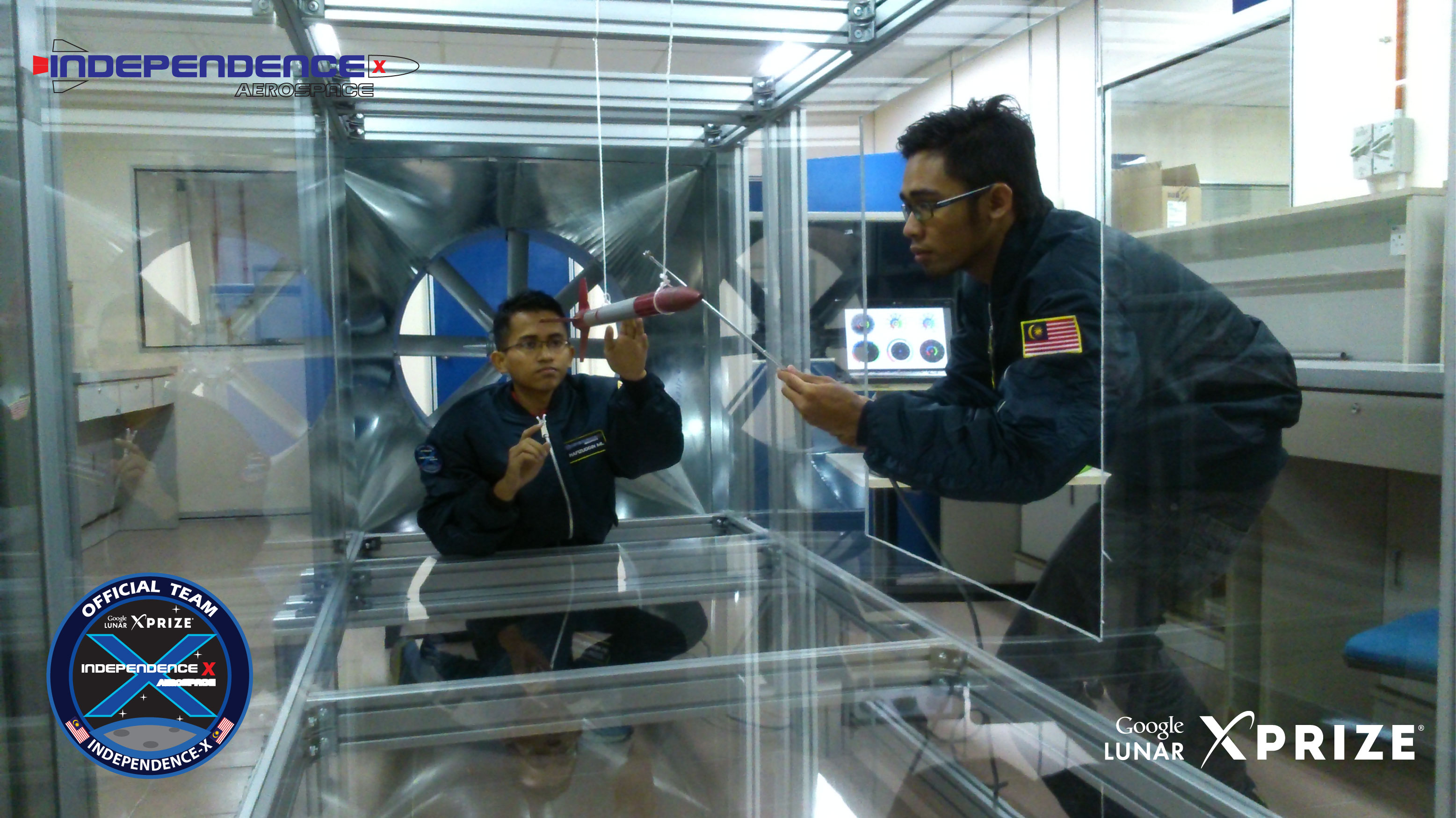 The aerodynamic test of a rocket modeling through a wind tunnel.